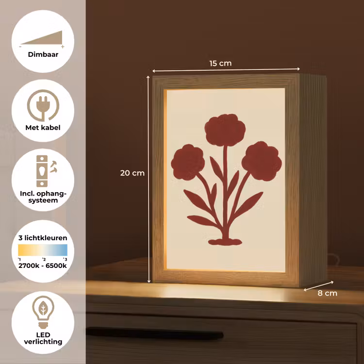 Bloemen - Bladeren - Rood - Minimalistisch Light Box met kabel (Tafellamp) klein -USP_NL