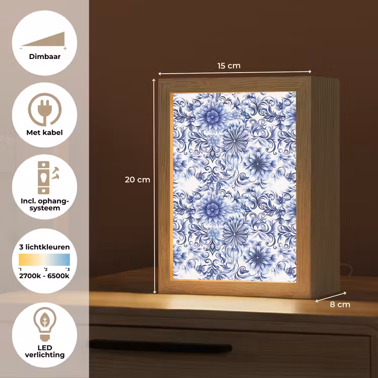 Bloemen - Blauw - Patroon - Wit Light Box met kabel (Tafellamp) klein 925 -USP_NL