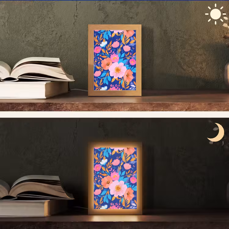 Bloemen - Blauw - Roze Light Box met kabel (Tafellamp) klein -sfeer3