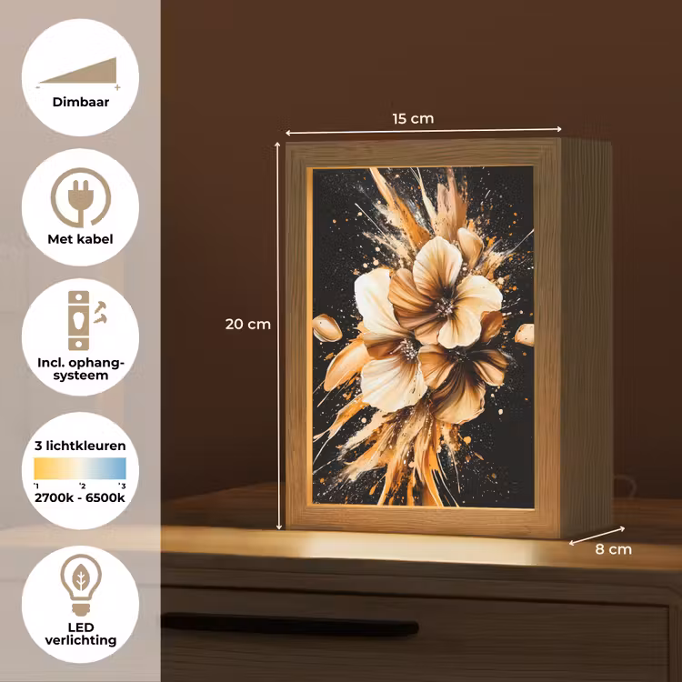 Bloemen - Goud - Graffiti - Zwart - Abstract Light Box met kabel (Tafellamp) klein -USP_NL