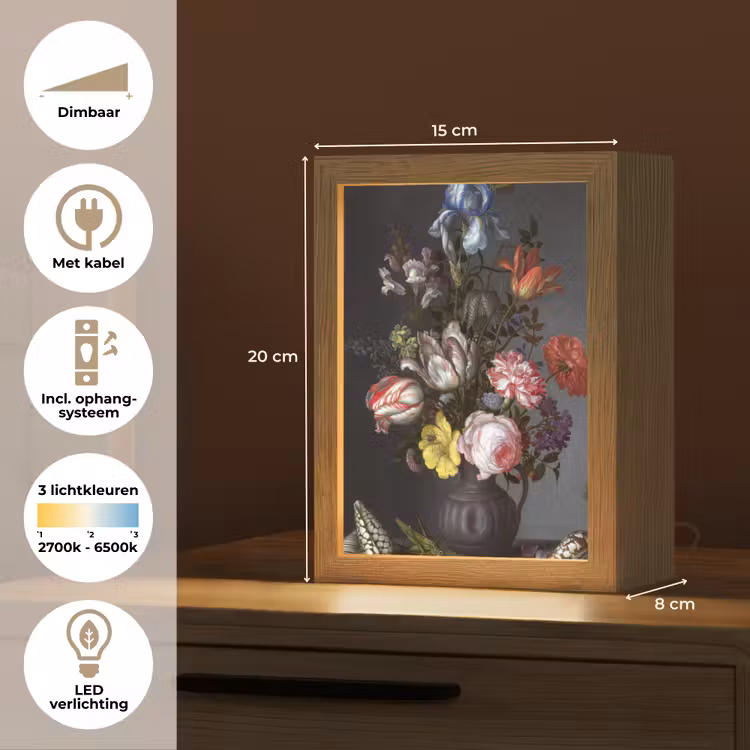 Bloemen in een vaas met schelpen en insecten - Balthasar van der Ast Light Box met kabel (Tafellamp) klein -USP_NL