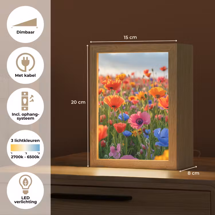 Bloemen - Klaprozen - Kleurrijk - Natuur Light Box met kabel (Tafellamp) klein -USP_NL