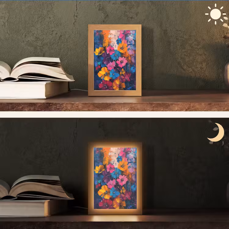 Bloemen - Kleurrijk - Abstract - Modern Light Box met kabel (Tafellamp) klein -sfeer3