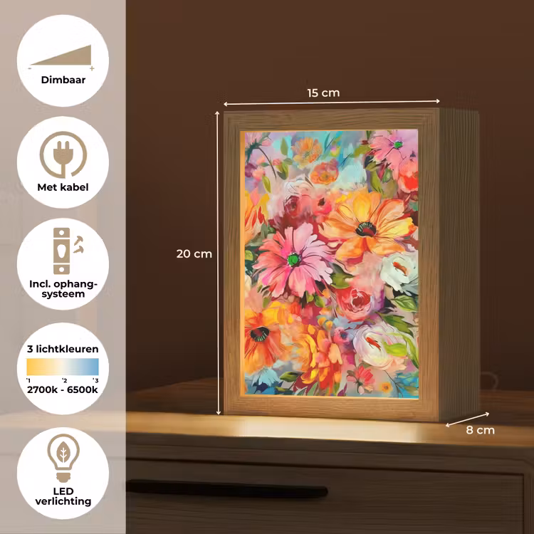 Bloemen - Kleurrijk - Kunst - Olieverf Light Box met kabel (Tafellamp) klein -USP_NL