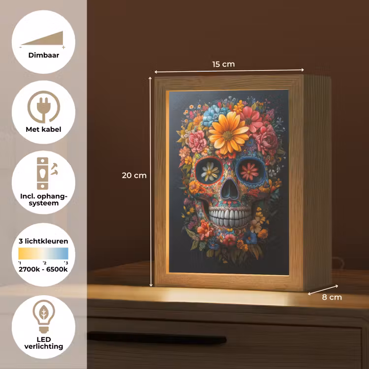 Bloemen - Kleurrijk - Schedel Light Box met kabel (Tafellamp) klein -USP_NL