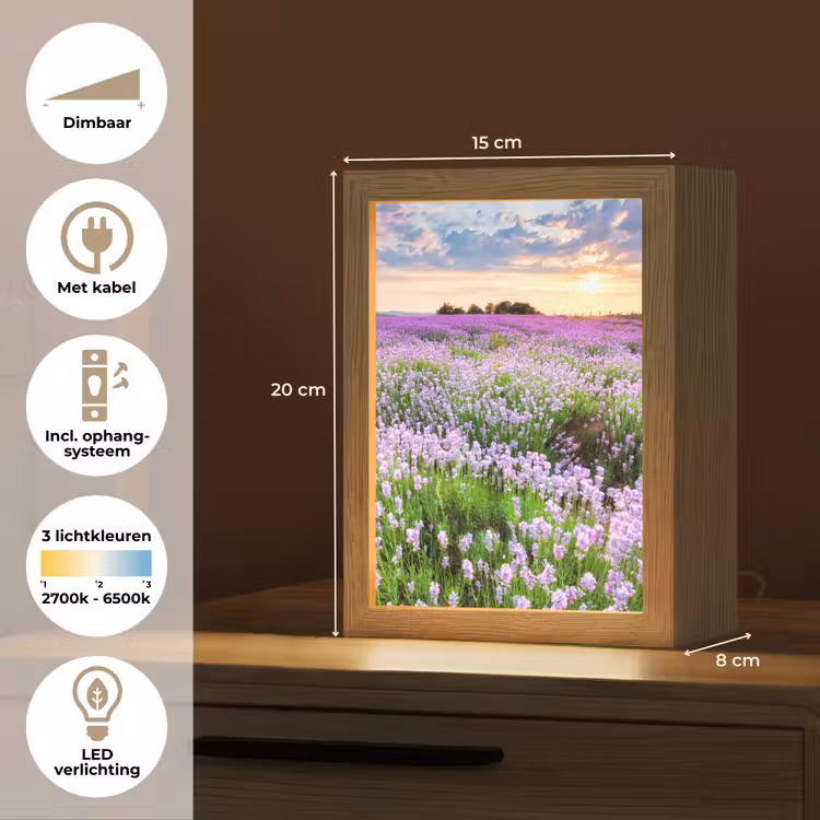 Bloemen - Lavendel - Paars - Lucht - Zonsondergang - Weide - Natuur Light Box met kabel (Tafellamp) klein -USP_NL