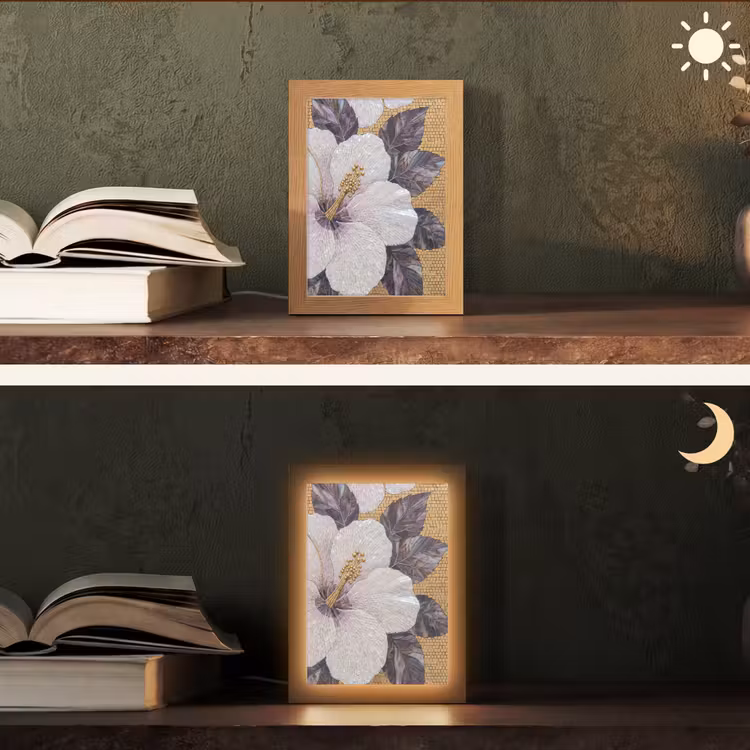 Bloemen - Mozaïek - Kunst - Modern - Goud Light Box met kabel (Tafellamp) klein -sfeer3