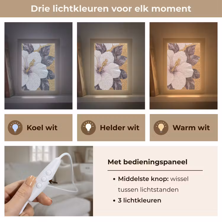 Bloemen - Mozaïek - Kunst - Modern - Goud Light Box met kabel (Tafellamp) klein -USP_lichtkleurNL