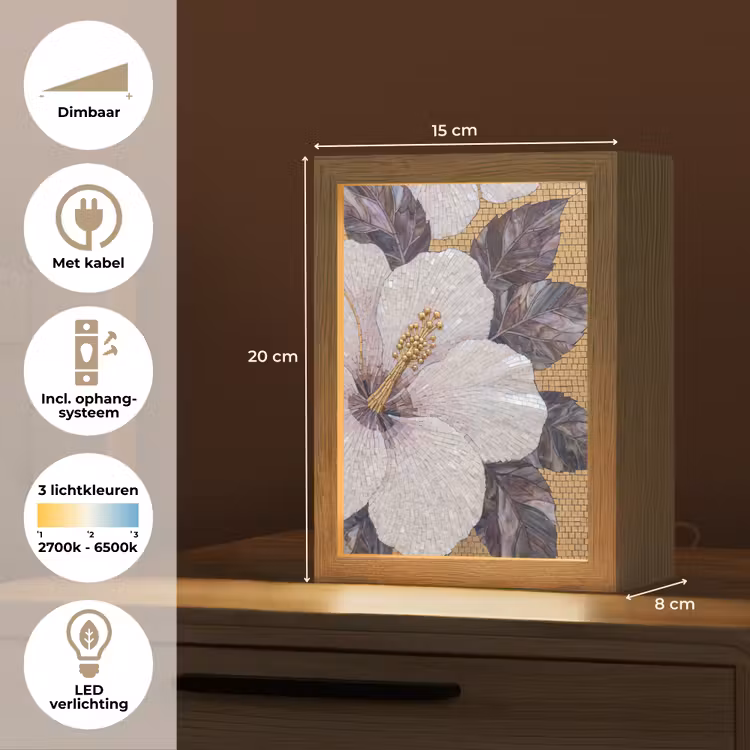 Bloemen - Mozaïek - Kunst - Modern - Goud Light Box met kabel (Tafellamp) klein -USP_NL