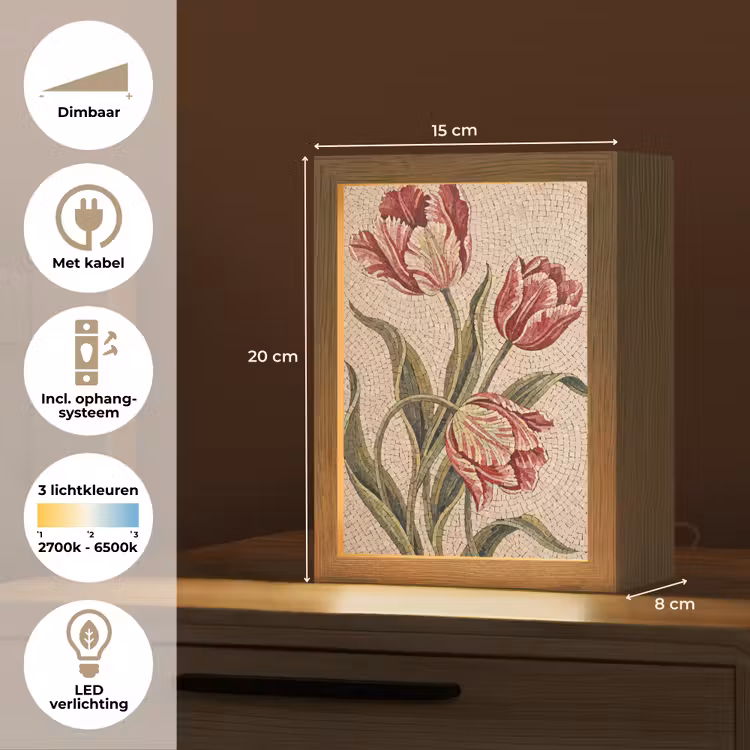 Bloemen - Mozaïek - Rood - Groen - Kunst Light Box met kabel (Tafellamp) klein -USP_NL