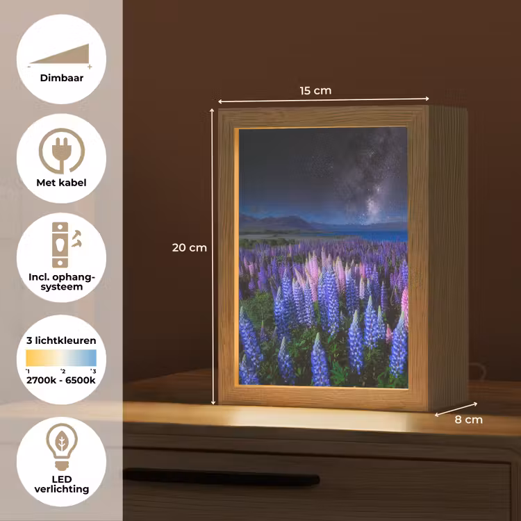 Bloemen - Nacht - Lupine - Sterrenhemel - Paars - Natuur Light Box met kabel (Tafellamp) klein -USP_NL