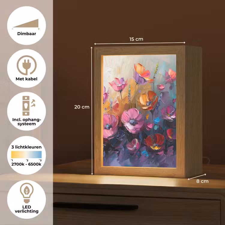 Bloemen - Paars - Kleurrijk - Handgeschilderd - Kunst Light Box met kabel (Tafellamp) klein -USP_NL