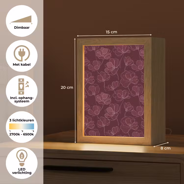 Bloemen - Patroon - Bordeauxrood Light Box met kabel (Tafellamp) klein 925 -USP_NL
