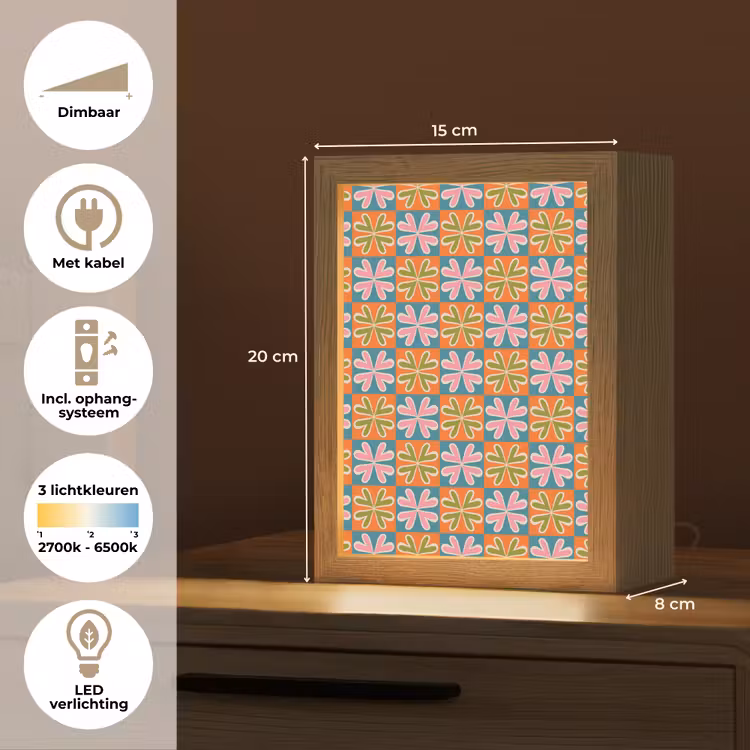 Bloemen - Retro - Patroon - Kleurrijk Light Box met kabel (Tafellamp) klein 925 -USP_NL