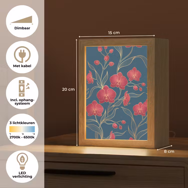 Tafellamp - Bloemen - Rood - Goud - Bloemen - Rood - Goud Light Box met kabel (Tafellamp) klein