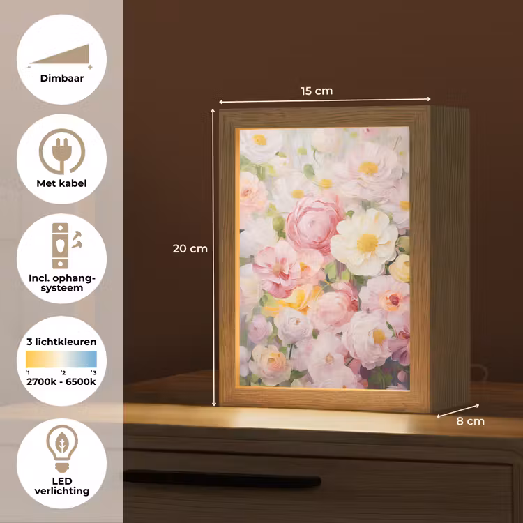 Bloemen - Roze - Botanisch - Kunst - Acrylverf Light Box met kabel (Tafellamp) klein -USP_NL