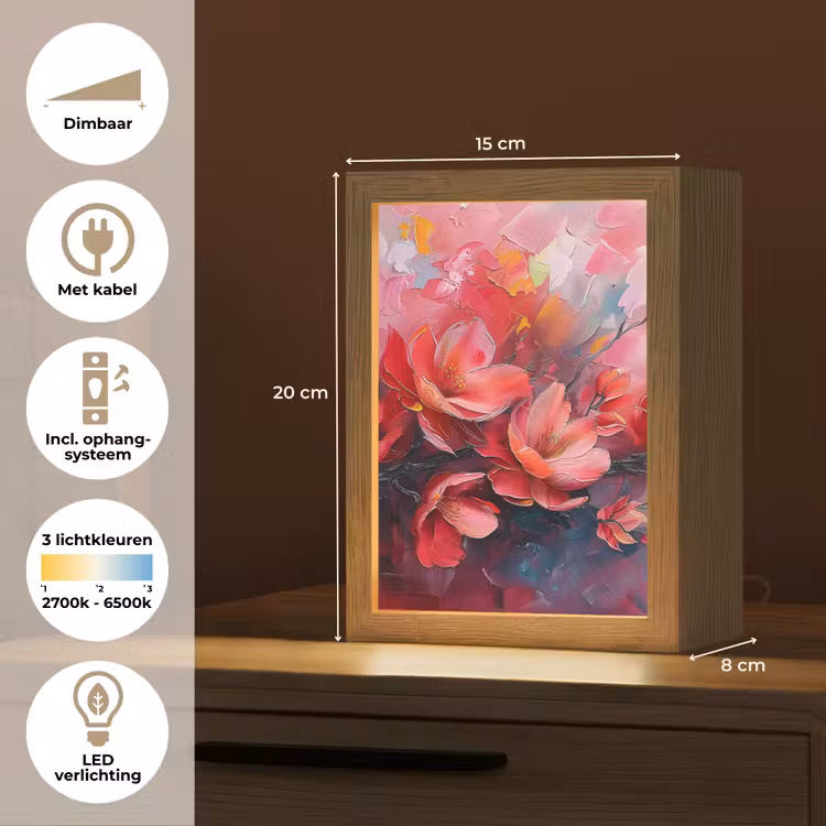 Bloemen - Roze - Natuur- Kunst - Abstract Light Box met kabel (Tafellamp) klein -USP_NL