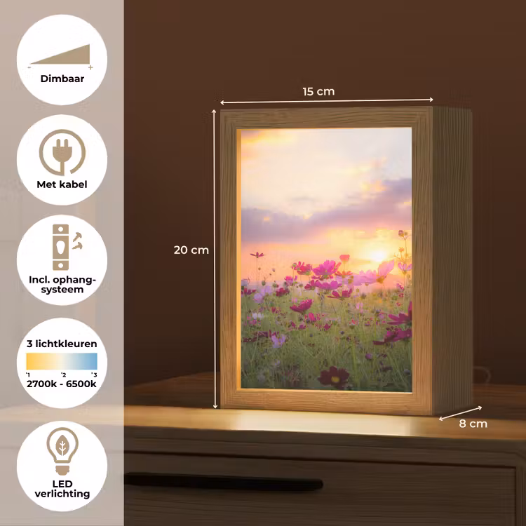 Bloemen - Roze - Zonsondergang - Natuur - Weide - Horizon Light Box met kabel (Tafellamp) klein -USP_NL