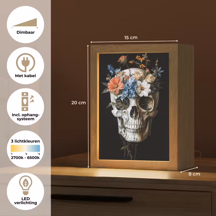 Bloemen - Schedel - Kleurrijk Light Box met kabel (Tafellamp) klein -USP_NL