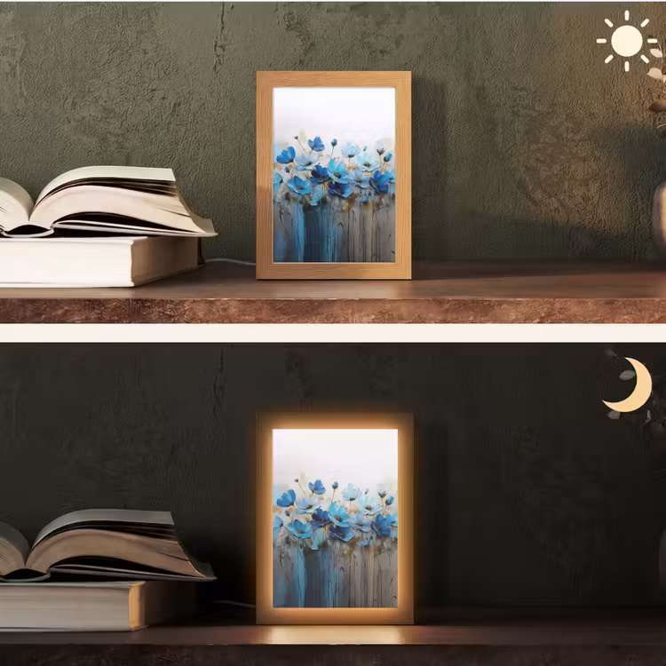 Bloemen - Schilderij - Blauw Light Box met kabel (Tafellamp) klein -sfeer3