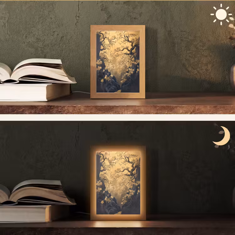Bloemen - Takken - Goud - Sierlijk Light Box met kabel (Tafellamp) klein -sfeer3