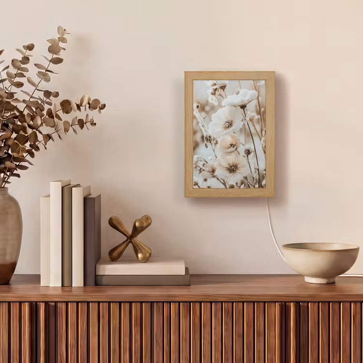 Bloemen - Winter - Wit - Sneeuw - Beige Light Box met kabel (Tafellamp) klein -sfeer2
