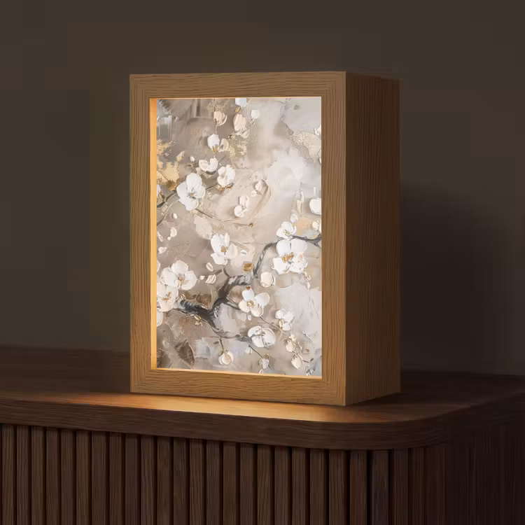 Bloemen - Wit - Goud - Beige  - Luxe Light Box met kabel (Tafellamp) klein -z3d_website