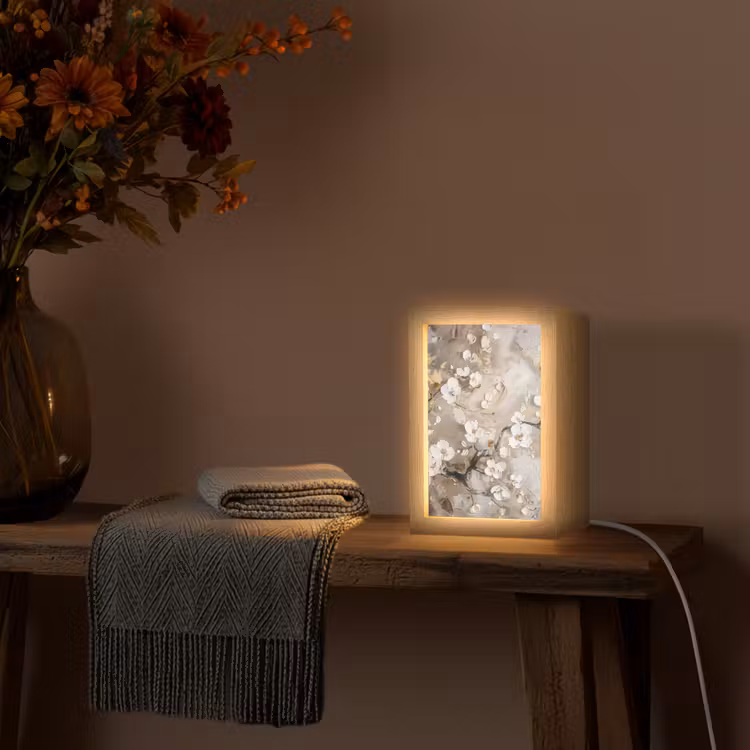 Bloemen - Wit - Goud - Beige  - Luxe Light Box met kabel (Tafellamp) klein -sfeer4