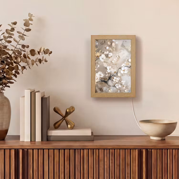 Bloemen - Wit - Goud - Beige  - Luxe Light Box met kabel (Tafellamp) klein -sfeer2