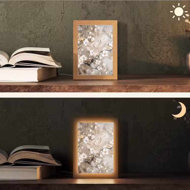 Bloemen - Wit - Goud - Beige  - Luxe Light Box met kabel (Tafellamp) klein -sfeer3