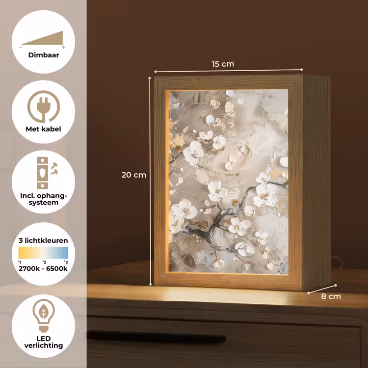 Bloemen - Wit - Goud - Beige  - Luxe Light Box met kabel (Tafellamp) klein -USP_NL