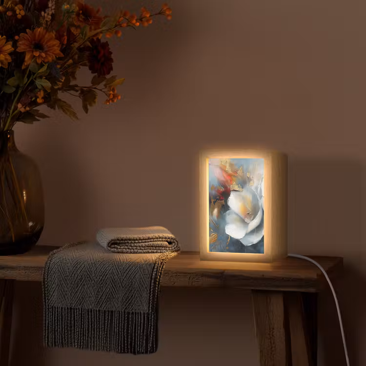 Bloemen - Wit - Goud - Kunst - Abstract Light Box met kabel (Tafellamp) klein -sfeer4