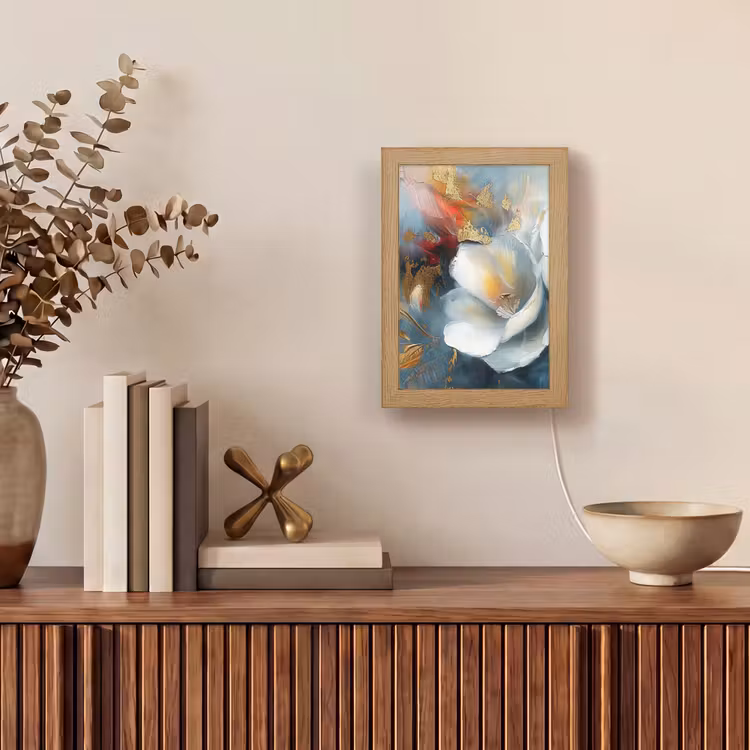 Bloemen - Wit - Goud - Kunst - Abstract Light Box met kabel (Tafellamp) klein -sfeer2