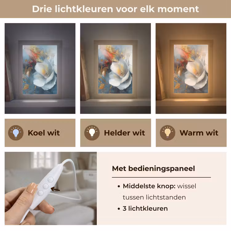 Bloemen - Wit - Goud - Kunst - Abstract Light Box met kabel (Tafellamp) klein -USP_lichtkleurNL