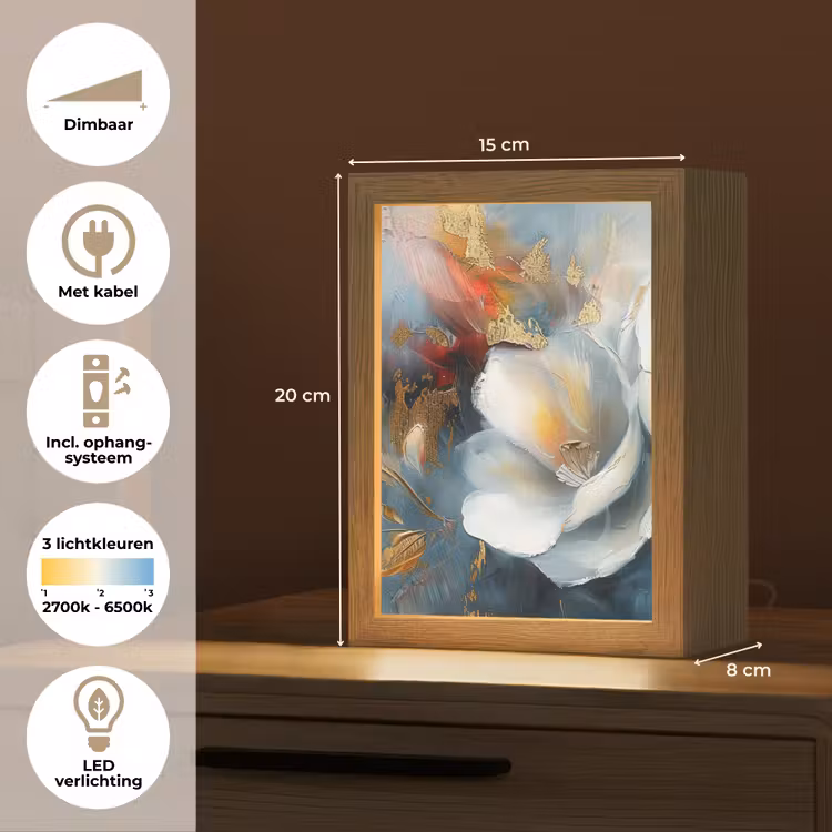 Bloemen - Wit - Goud - Kunst - Abstract Light Box met kabel (Tafellamp) klein -USP_NL