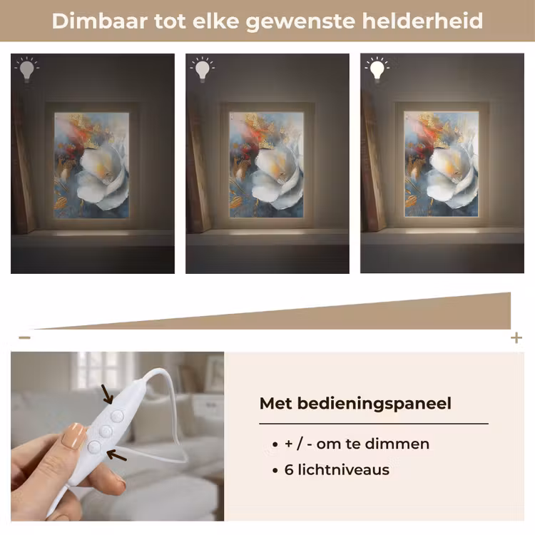 Bloemen - Wit - Goud - Kunst - Abstract Light Box met kabel (Tafellamp) klein -USP_dimbaarNL