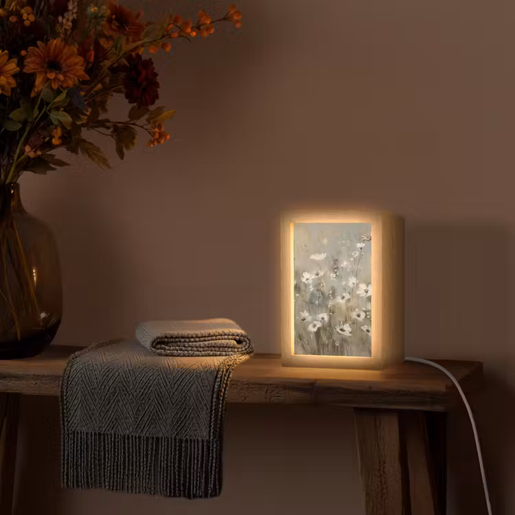 Bloemen - Wit - Natuur - Grijs - Modern Light Box met kabel (Tafellamp) klein -sfeer4