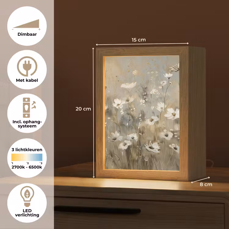 Bloemen - Wit - Natuur - Grijs - Modern Light Box met kabel (Tafellamp) klein -USP_NL
