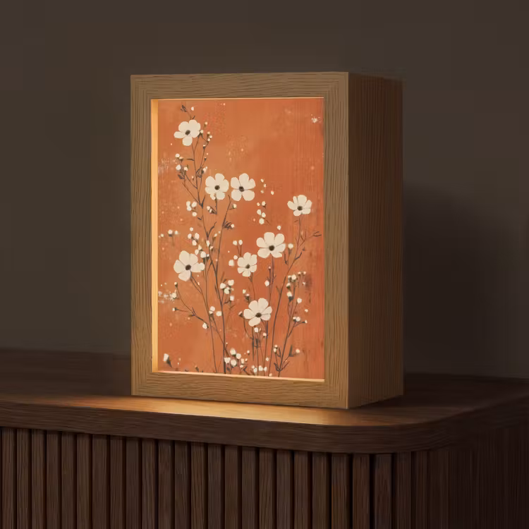 Bloemen - Wit - Subtiel - Roestkleur Light Box met kabel (Tafellamp) klein -z3d_website