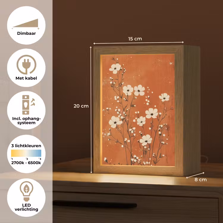 Bloemen - Wit - Subtiel - Roestkleur Light Box met kabel (Tafellamp) klein -USP_NL