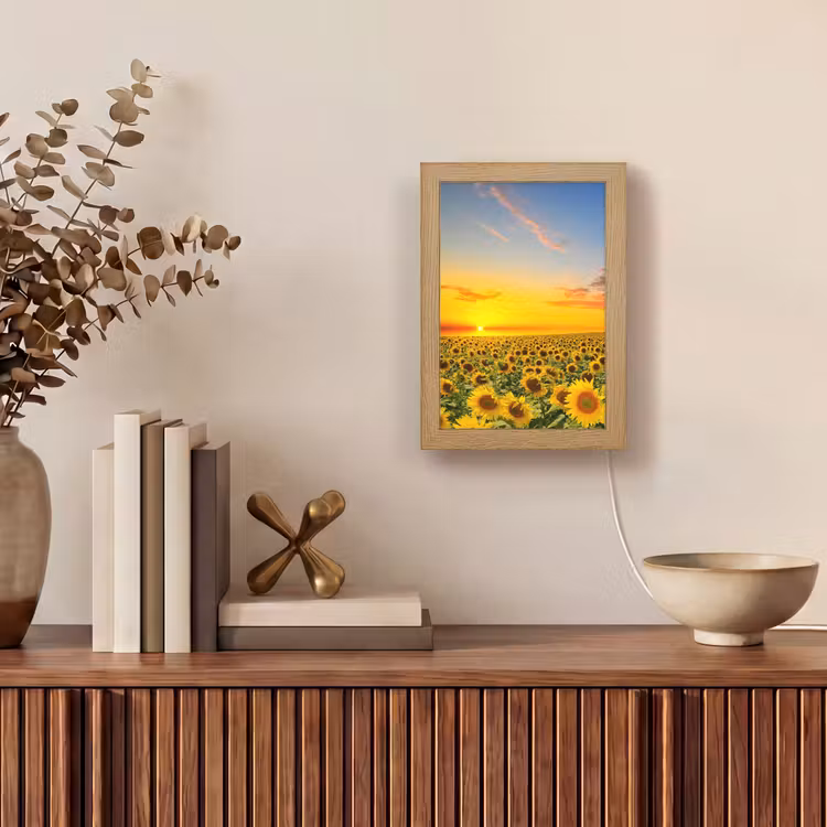 Bloemen - Zonnebloem - Zonsondergang - Nacht - Oranje Light Box met kabel (Tafellamp) klein -sfeer2