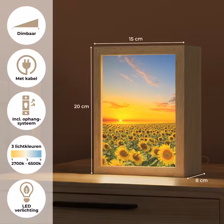 Bloemen - Zonnebloem - Zonsondergang - Nacht - Oranje Light Box met kabel (Tafellamp) klein -USP_NL