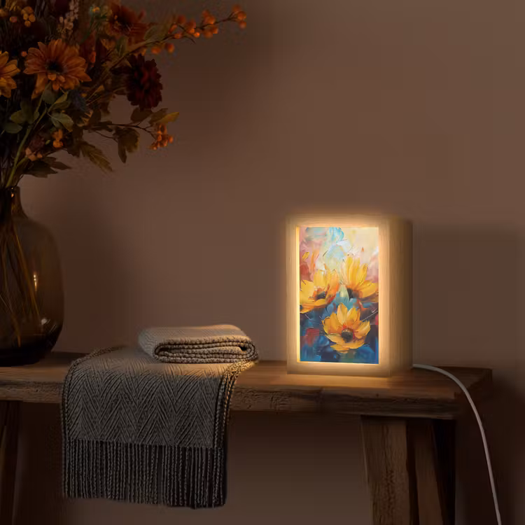 Bloemen - Zonnebloemen - Kunst - Geel Light Box met kabel (Tafellamp) klein -sfeer4