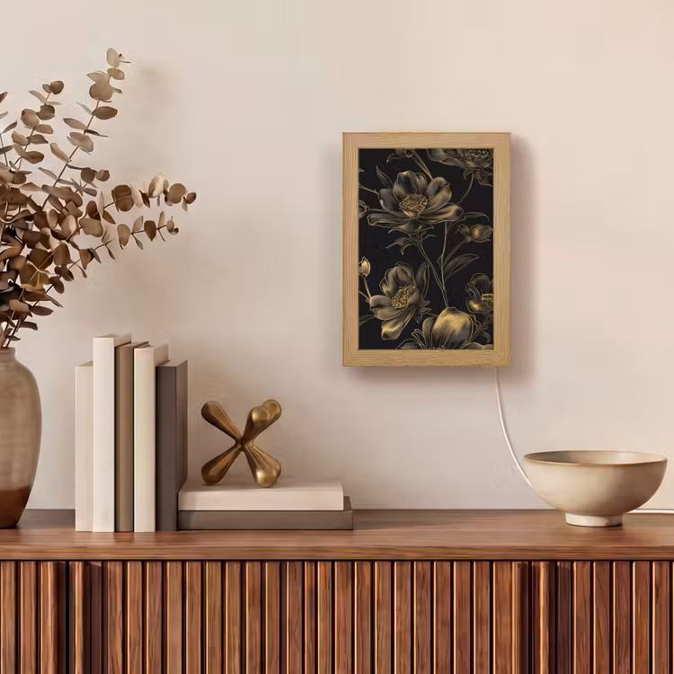 Bloemen - Zwart - Goud - Line art Light Box met kabel (Tafellamp) klein -sfeer2