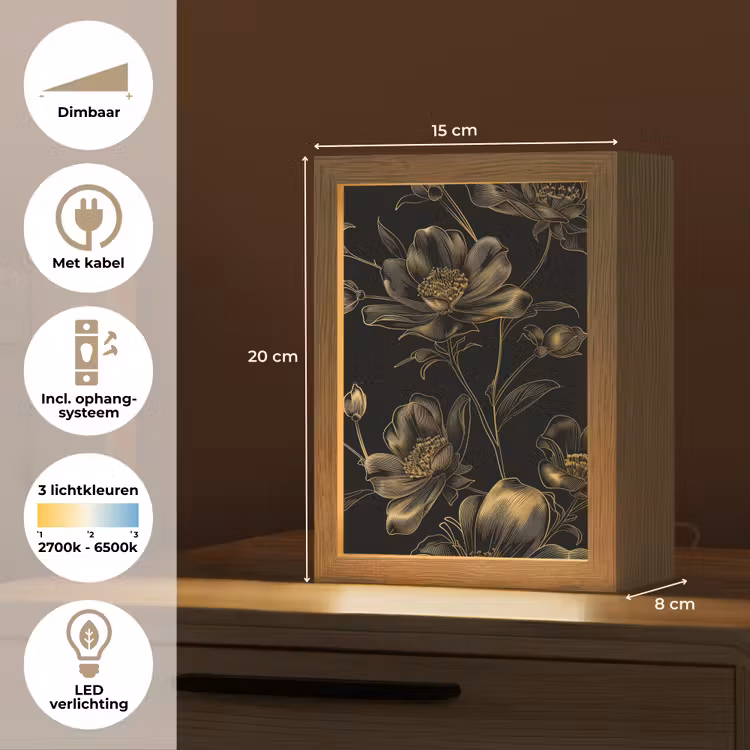 Bloemen - Zwart - Goud - Line art Light Box met kabel (Tafellamp) klein -USP_NL
