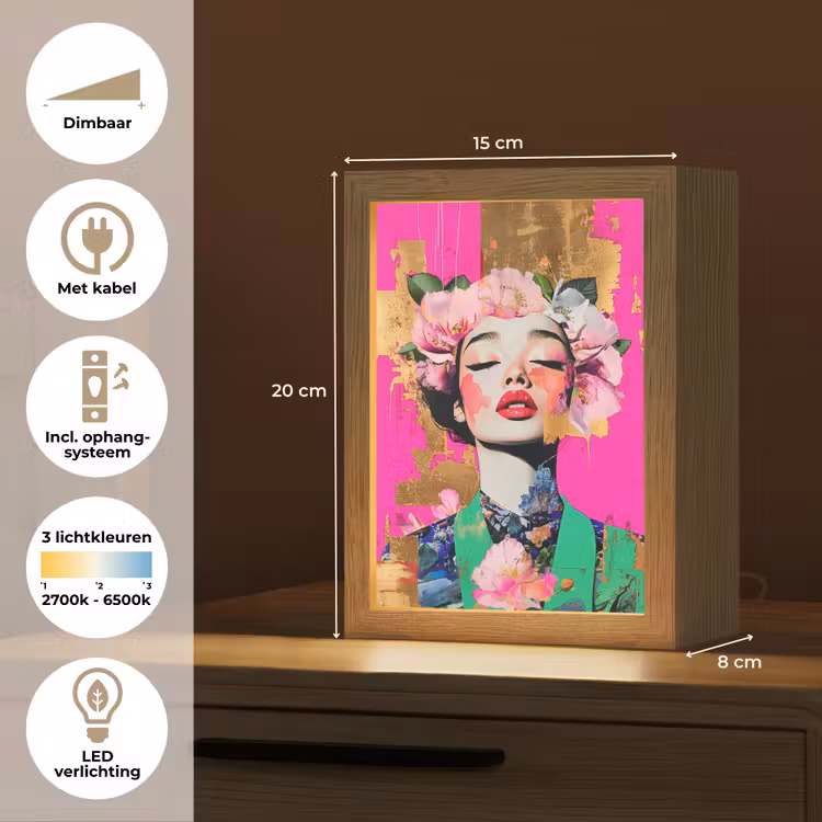Bloemenkroon - Goud - Vrouw - Portret Light Box met kabel (Tafellamp) klein -USP_NL