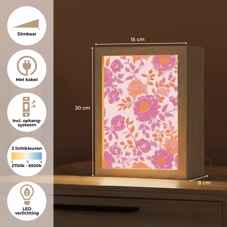 Bloemenpatroon - Roze - Oranje - Bloemen Light Box met kabel (Tafellamp) klein -USP_NL