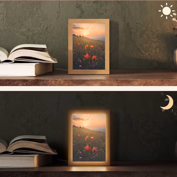 Bloemenveld - Gras - Bloemen - Planten - Zonsondergang - Oranje Light Box met kabel (Tafellamp) klein -sfeer3