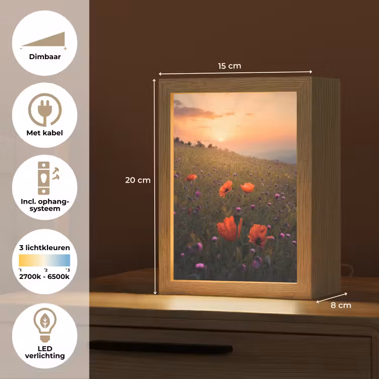 Bloemenveld - Gras - Bloemen - Planten - Zonsondergang - Oranje Light Box met kabel (Tafellamp) klein -USP_NL