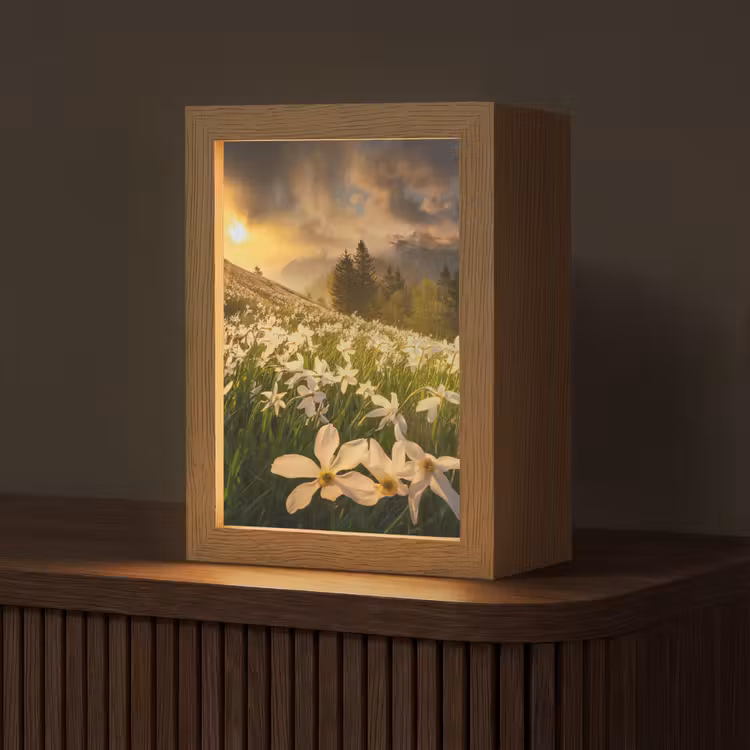 Bloemenveld - Heuvels - Zonsondergang - Berg - Natuur - Wit - Heuvels Light Box met kabel (Tafellamp) klein -z3d_website